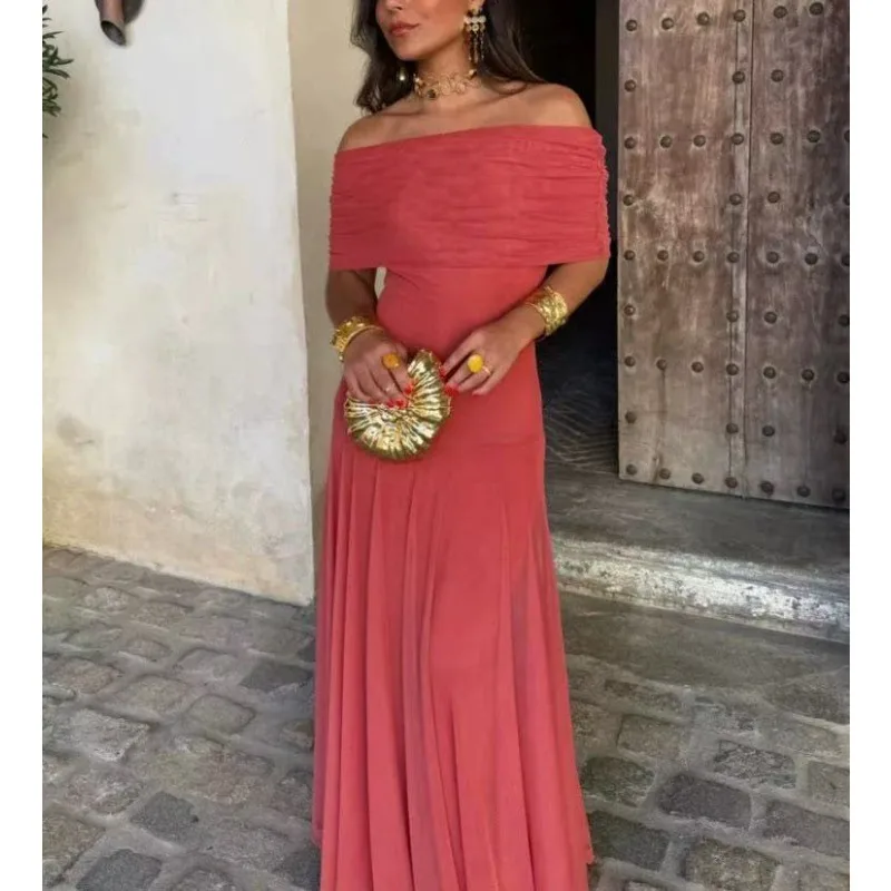 Elegant One Shoulder Sheath Sheer Long Dress Women Fashion Temperament Slim Party Dress Sexy Strapless Solid Color Maxi Dresses - view 3