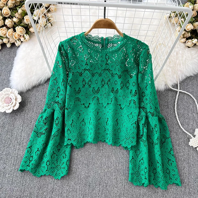 EWQ Fashion Hollow Out Lace Blouse For Women Round Neck Loose Long Sleeve Solid Color Zipper Tops Clothing 2024 New 27X651