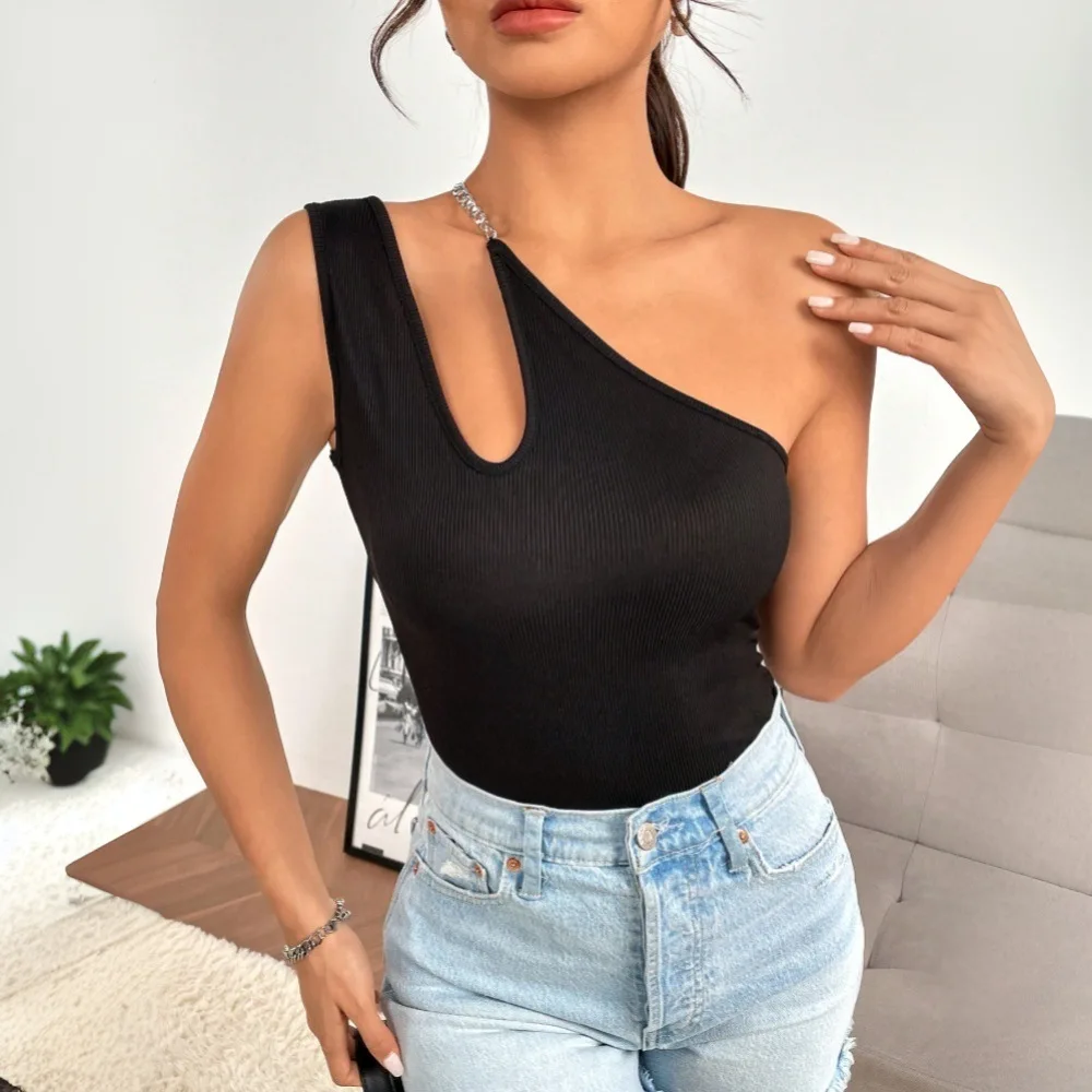 Women Sexy Hollow Out Off Shoulder Slim Fit Tops Sleeveless Vest Blouse