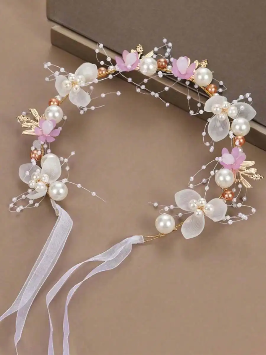 

Floral Pearl Crown Headband For Women, Korean Style Wedding Hair Accessory With Ribbon