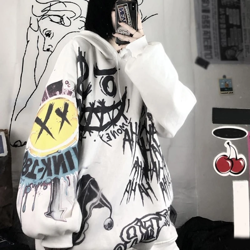 Womens Gothic Punk Face Print Long Sleeve Hoodies Harajuku Hip-Hop Oversized Loose Sweatshirt Streetwear