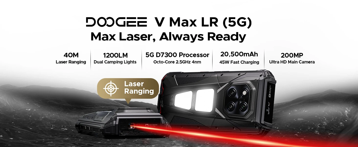 DOOGEE V Max LR Laser Rangefinder 5G AI Rugged Phone 36GB+512GB 6.78'' Display 20500mAh Battery Dual Camping Lights Smart phones