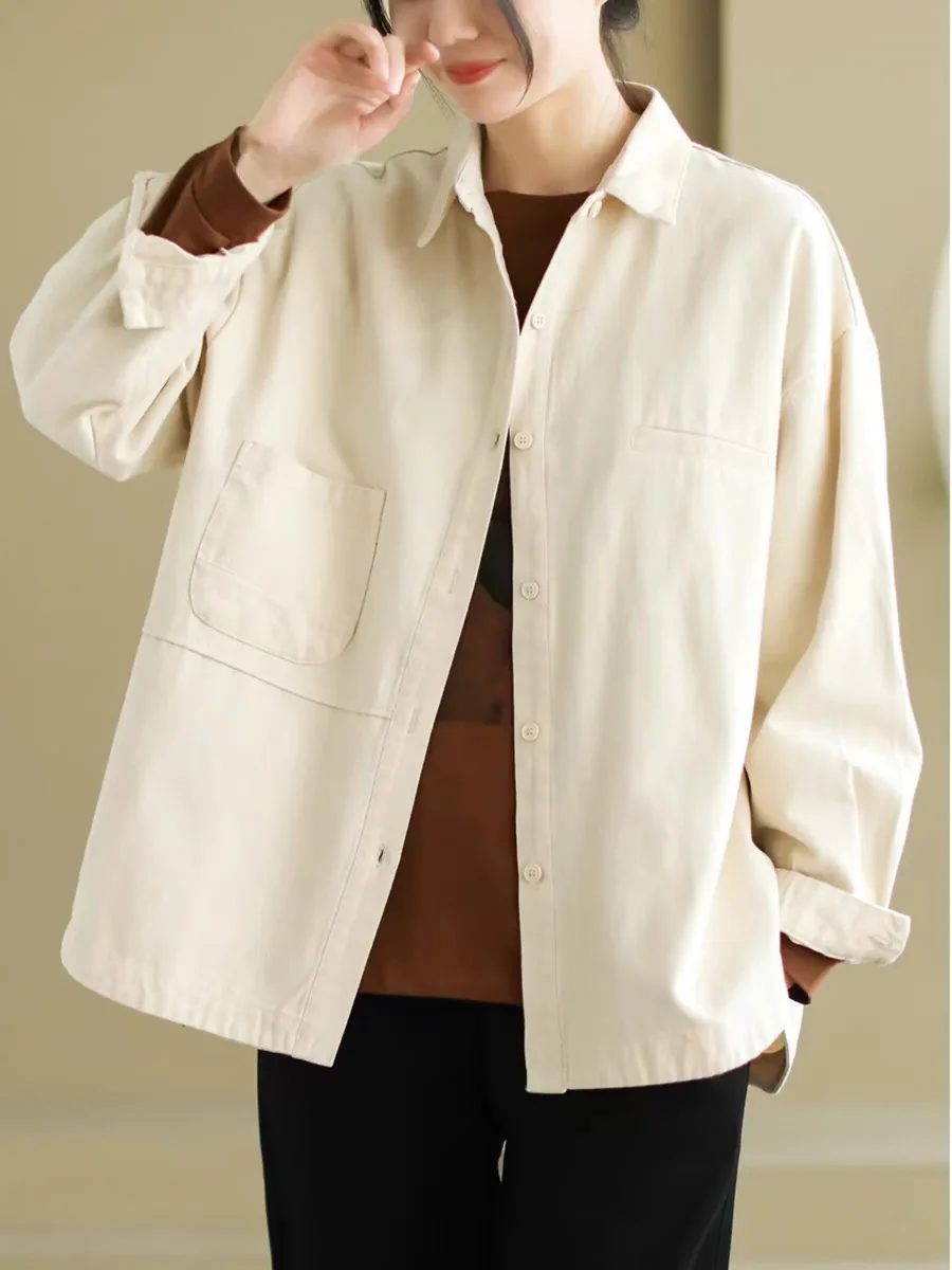 

Рабочая одежда из чистого хлопка irt Jaet, женский повседневный длинный свек с отложным воротником, свободный крой, универсальный весенне-осенний топ