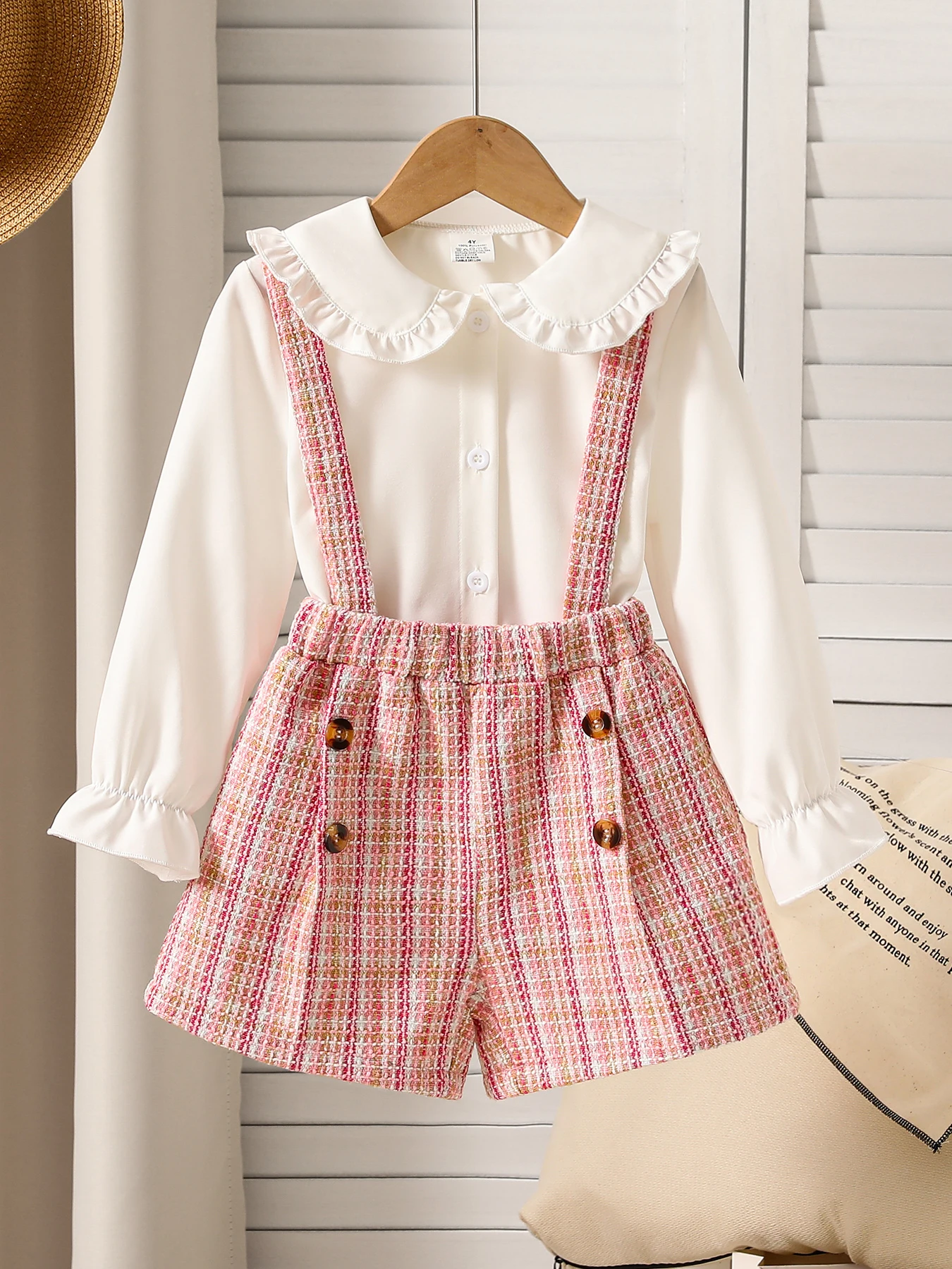 

Spring and Autumn Girls' Korean Style Long Sleeve Shirt with Lapel Plaid Suspender Pants for Girls' Daily Casual Out