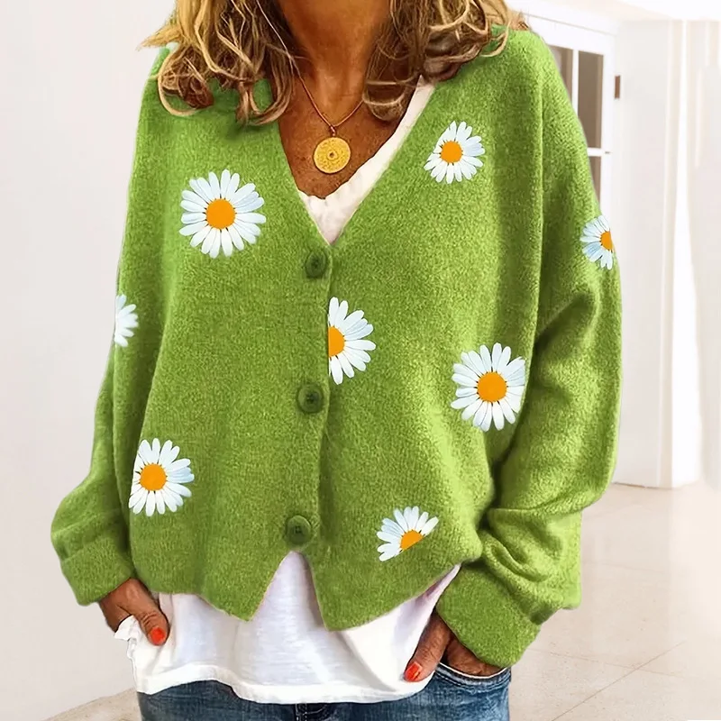 Women's Sweater Cardigan 2023 Autumn/Winter New Daisy-Embroidered Single-Breasted Knit Cardigan Coat