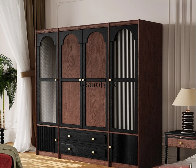 

French retro pure solid wood four-door large wardrobe with antique style and top cabinet