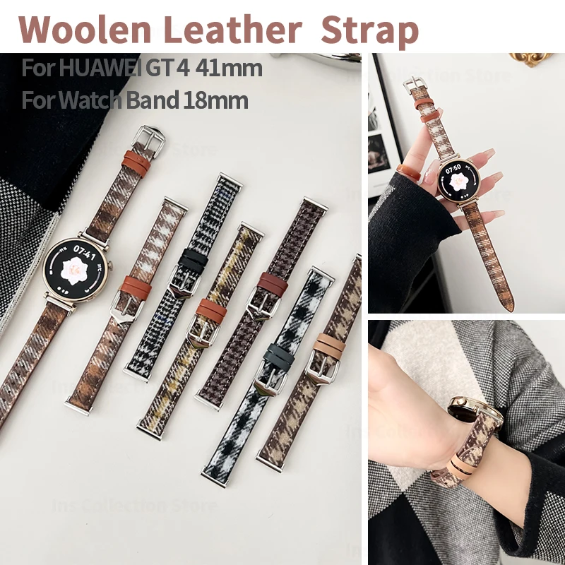 

18mm Woolen Leather Strap for HUAWEI Watch GT4 41mm Retro Checkered Lady Thin Wristband for Huawei gt4 41mm Winter Bracelet Loop