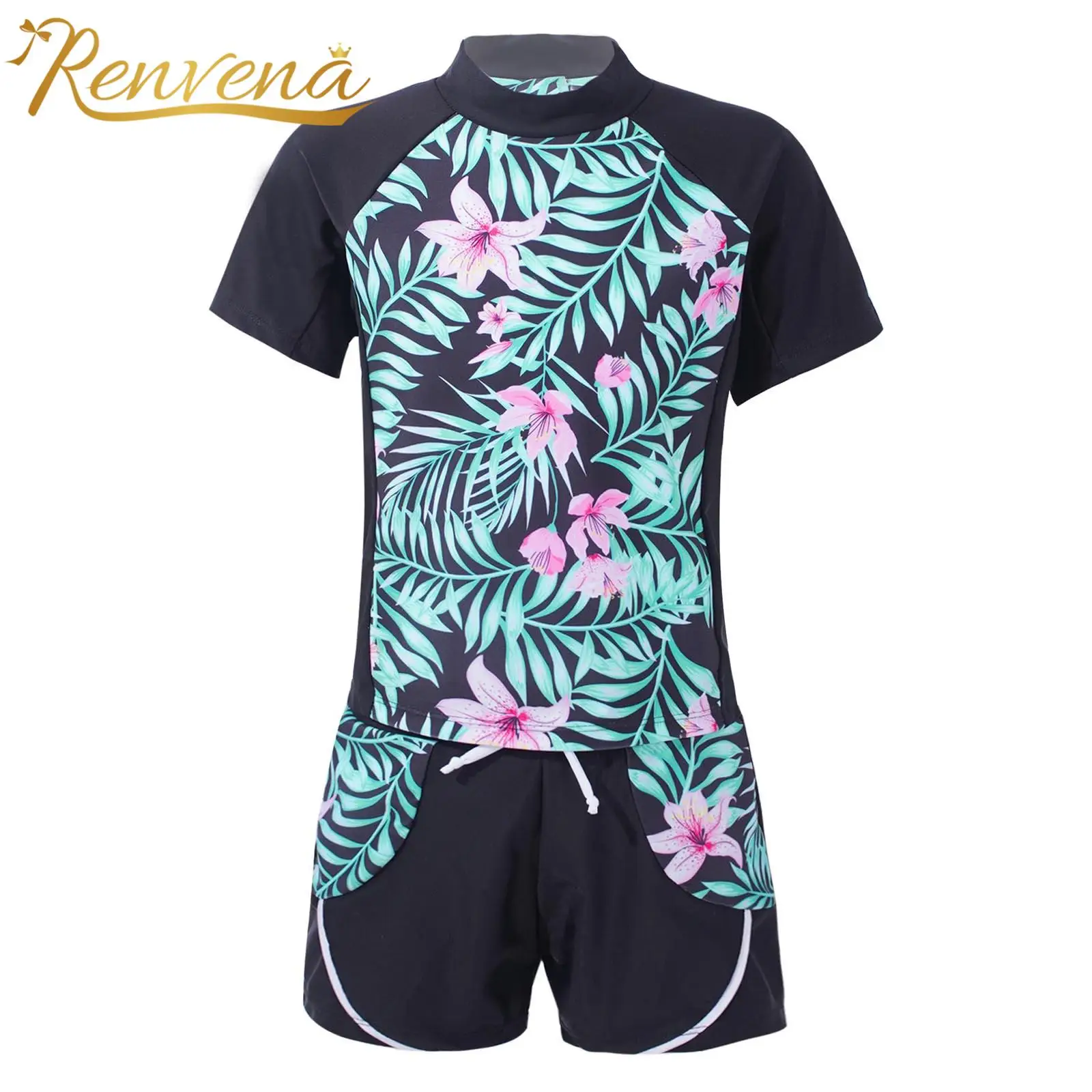 

2025 Children Floral Swimsuits Kids Swimwear Short Sleeves Top + Boyshorts Two Pieces Print Swimming Suit for Girls Bathing Suit
