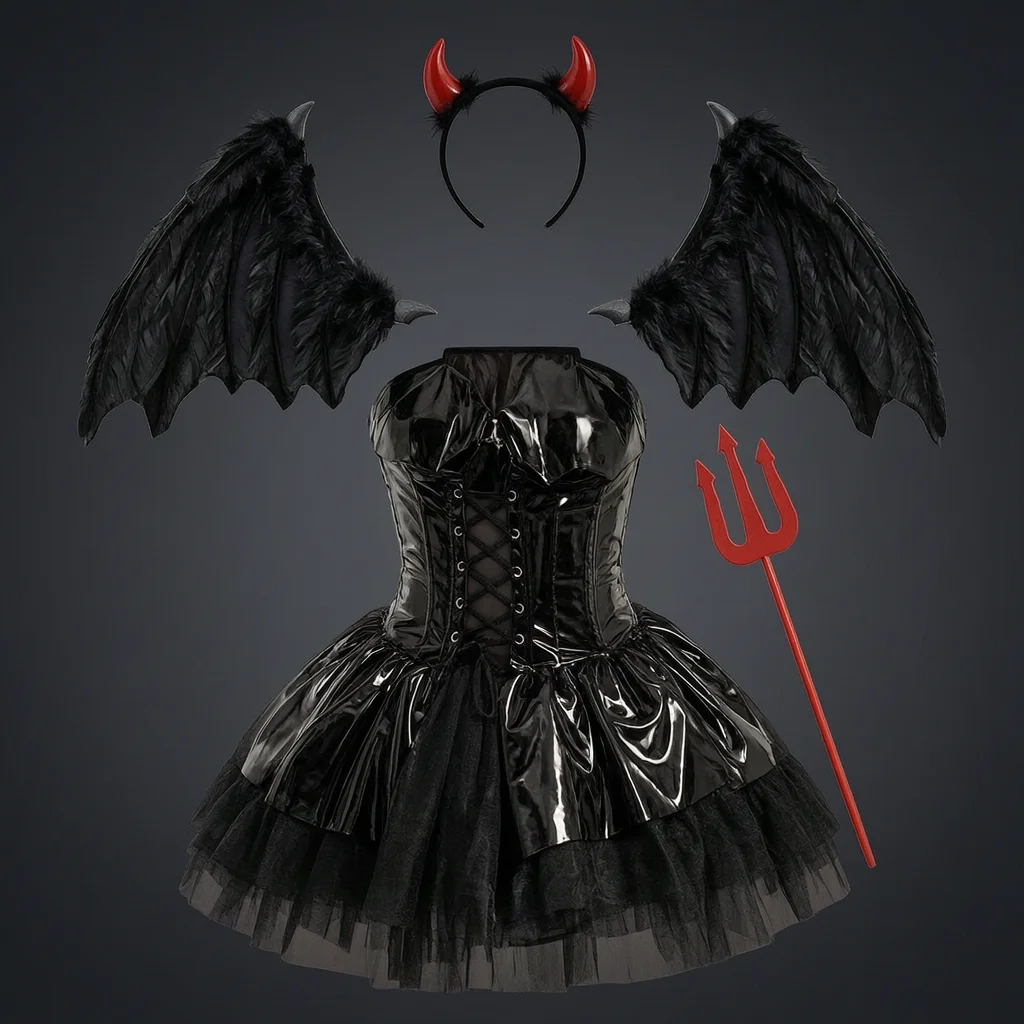 Lolita Skirt Set Leather Bodysuit Women Sexy Maid Cosplay Costume Strap On Bat Imp Uniform Suit For Christmas Party Event
