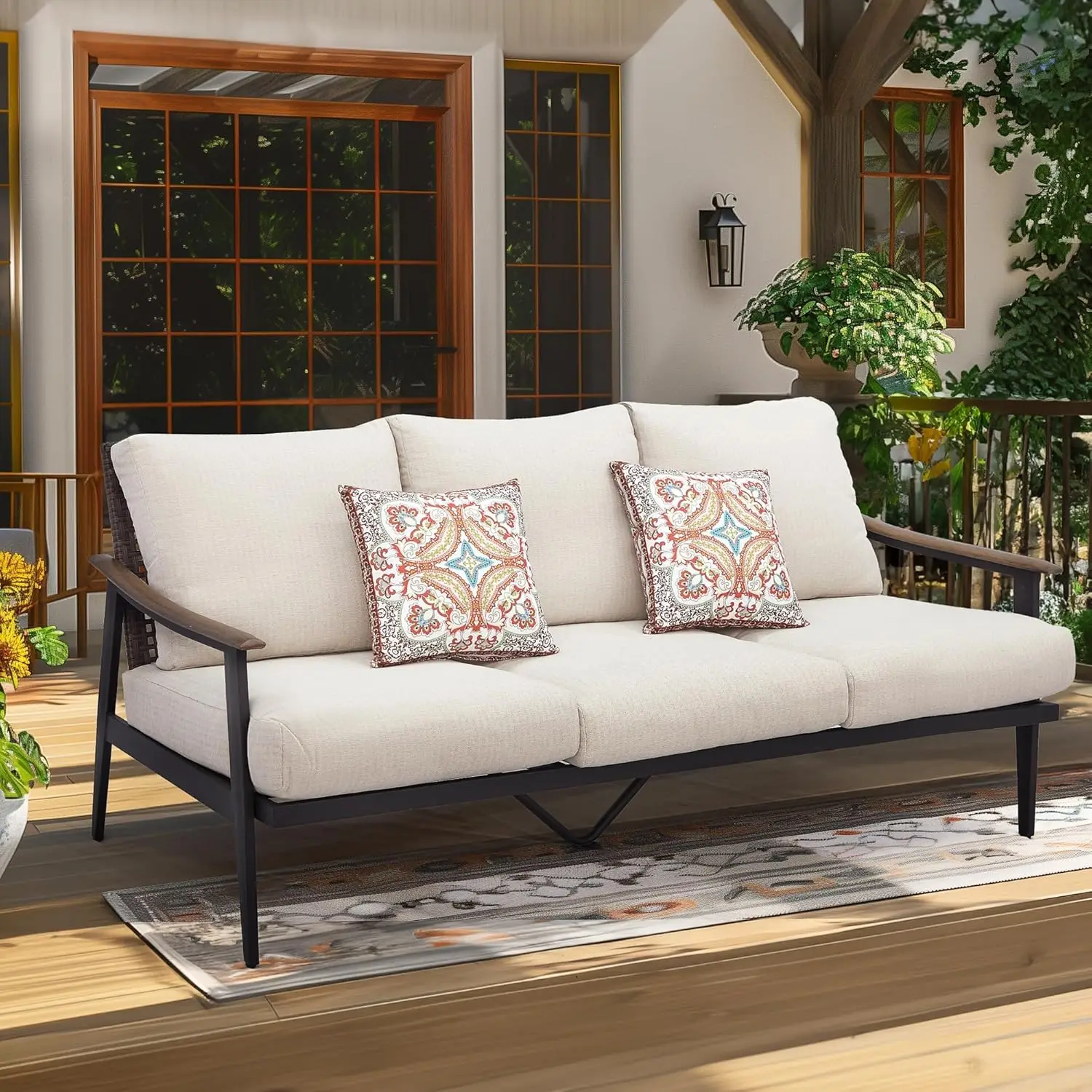 

Patio Sofa Outdoor Furniture Metal Chair with Wicker Backrest & 6 Inches Cushion for Indoor, 73.35"(L) x 29.75"(W) x 33.86"(H)