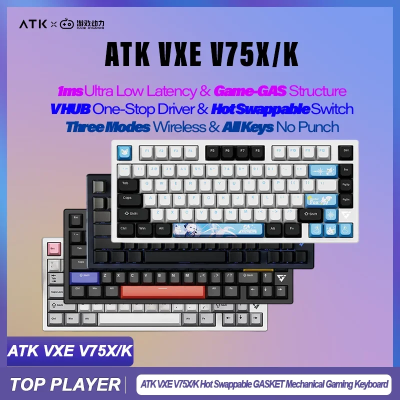 

Atk Vxe V75x/k Gaming Mechanical Keyboard Hot Swappable 1ms Low Latency Gasket 2.4g Three Modes Wireless Side-engraved Keys