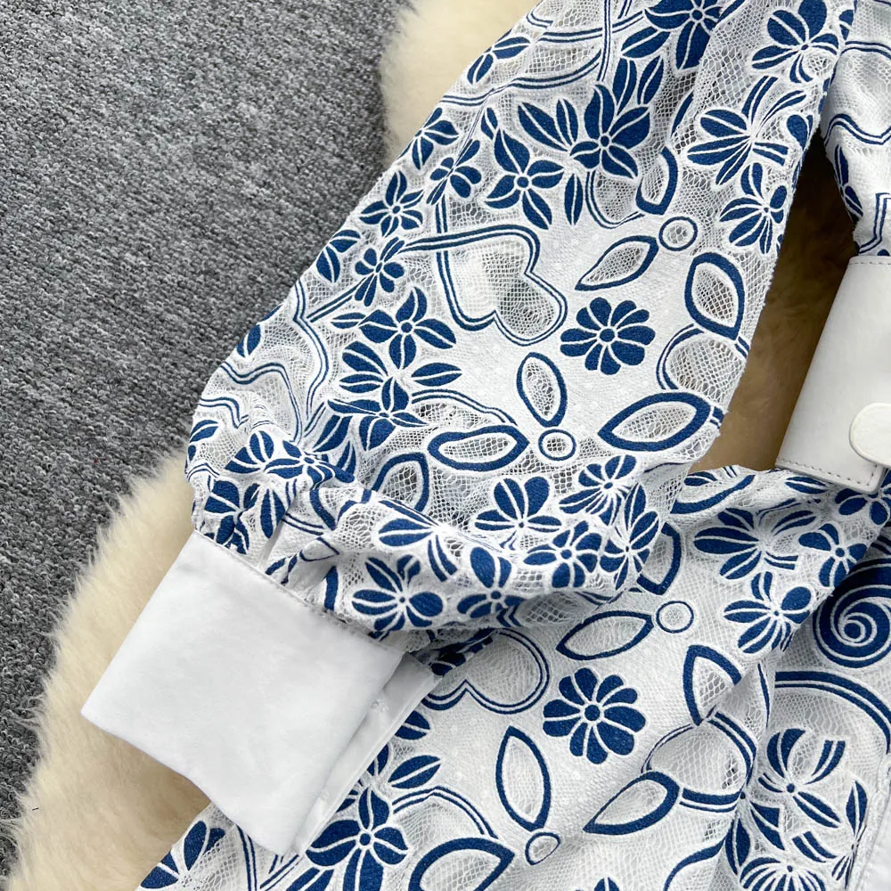 Fashion Runway Spring Dress Women's O-Neck Lantern Sleeve Belt Single Breasted Lace Hollow Out Embroidery Long Dress N1953