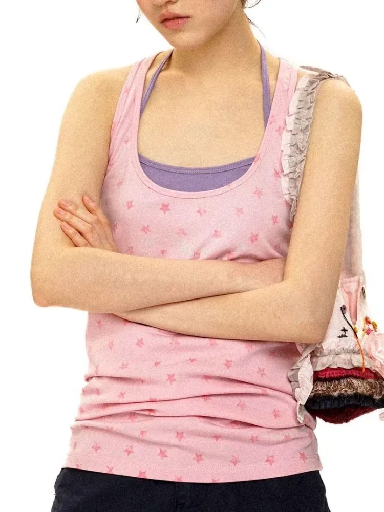 Kimotimo Star Print Vest Women American Retro Sleeveless Slim Tops Two Piece Sets Summer Sweet Spicy Girl Y2k Aesthetic Tanks
