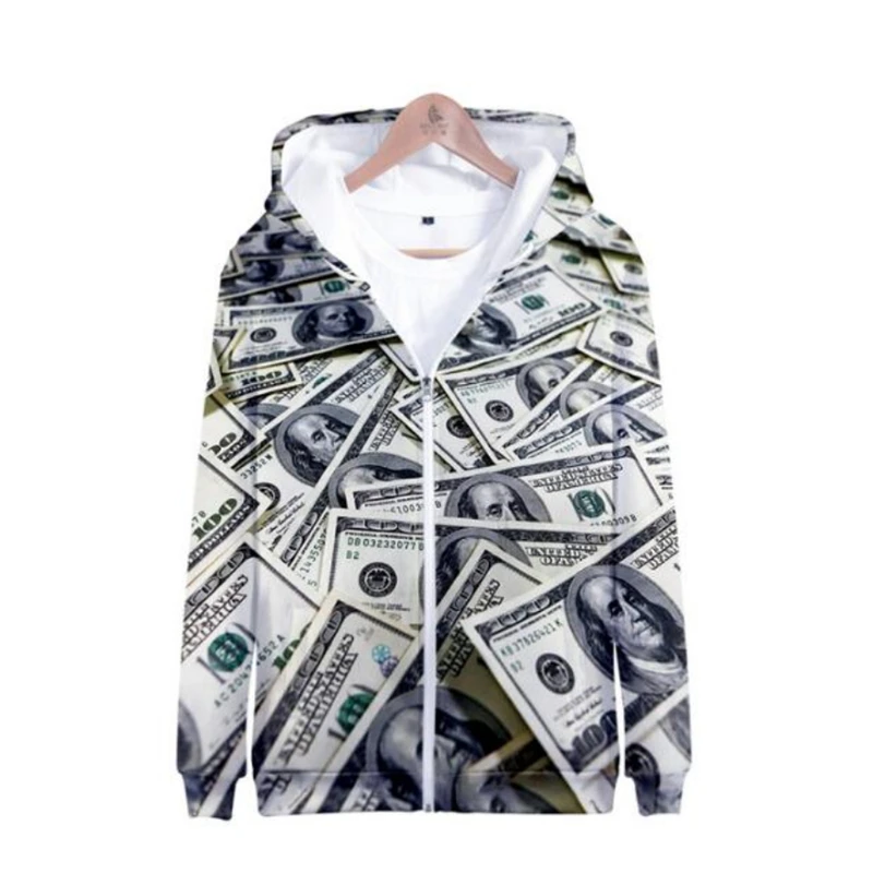 Fashion Dollar Pattern Zipper Hoodie Trend Autumn Long Sleeve 3D Banknotes Printed Sweatshirt Loose Casual Streetwear Pullovers