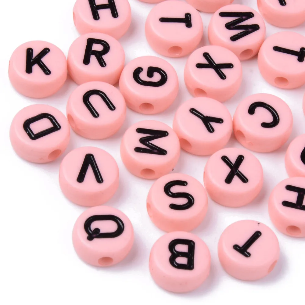 100pc Opaque Acrylic Beads Horizontal Hole Flat Round with Black Random Letters Pink 10x4.5mm Hole: 2mm