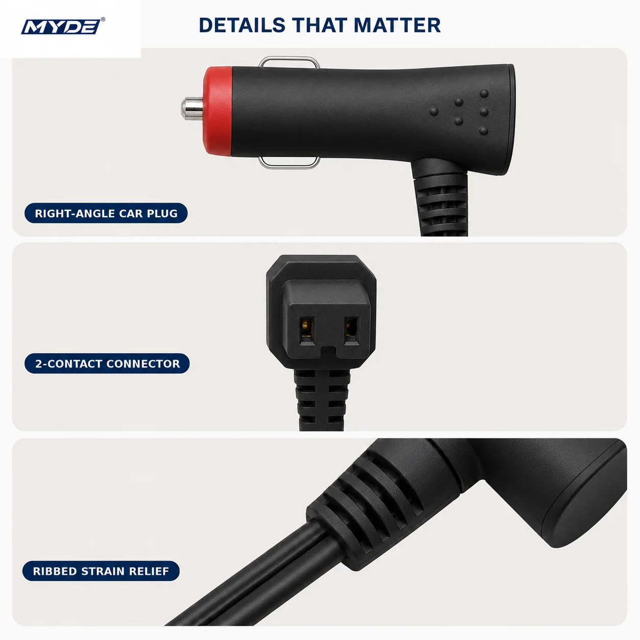 MYDE 2m/55.1in Car Refrigerator Power Cable, 90° Right-Angle Cigarette Lighter Plug to 2-Contact Fridge Connector, Black