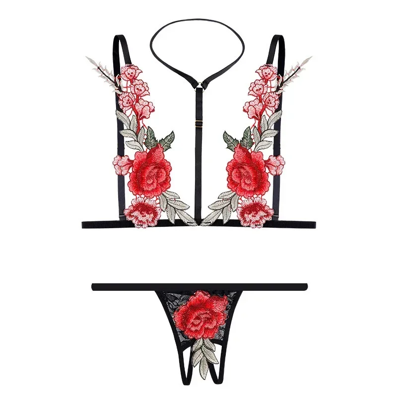 Sexy Embroidered Rose Lingerie Halter Bra Three-point Set Erotic Underwear Party Dresses Lingеrie New in Matching Sets Long Full