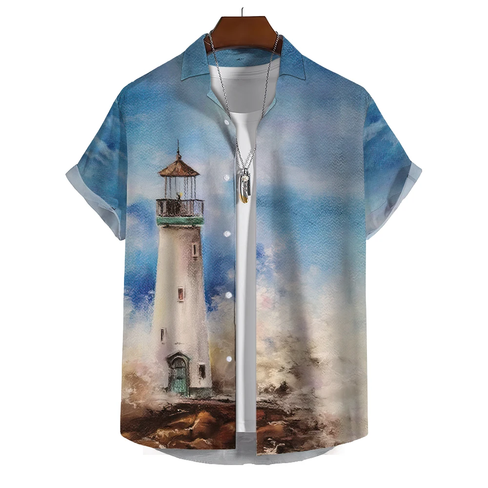 

Summer Shirt For Men Lighthouse 3d Printed Men‘S Clothing Loose Oversized Shirt Beach Party Short Sleeved Tops Hawaii Sweatshirt