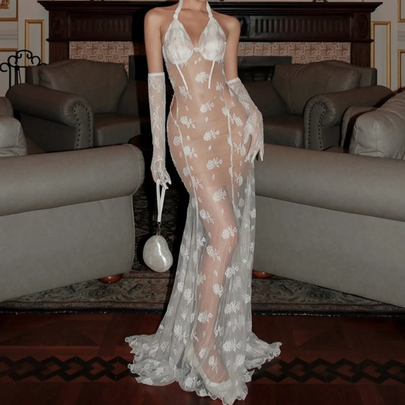 

2026 New Fashion Neck Irregular Mesh Dress Solid Color Versatile Lace Sleeves