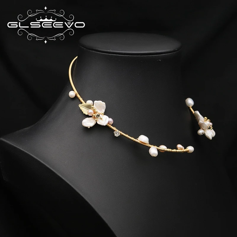 GLSEEVO Natural Fresh Water Baroque Pearl Chokers Necklace Delicate Pearl Flower Design Necklace Jewelry Gifts For Weddings