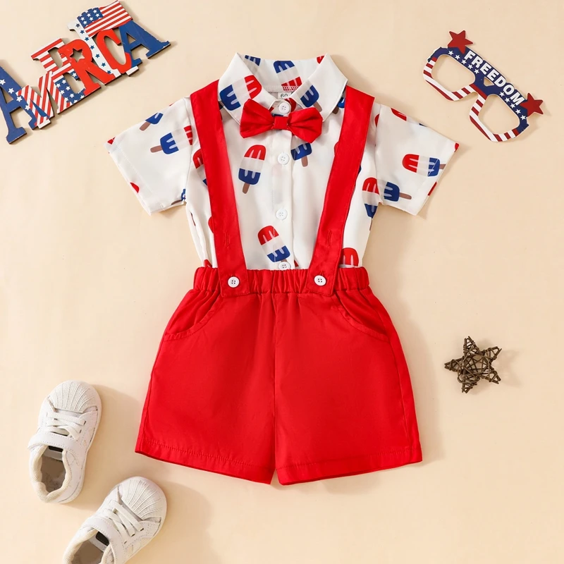 Baby Boy 4th of July Outfit Popsicle Print Short Sleeve Button Down Romper with Bowtie Suspender Shorts Toddler Set