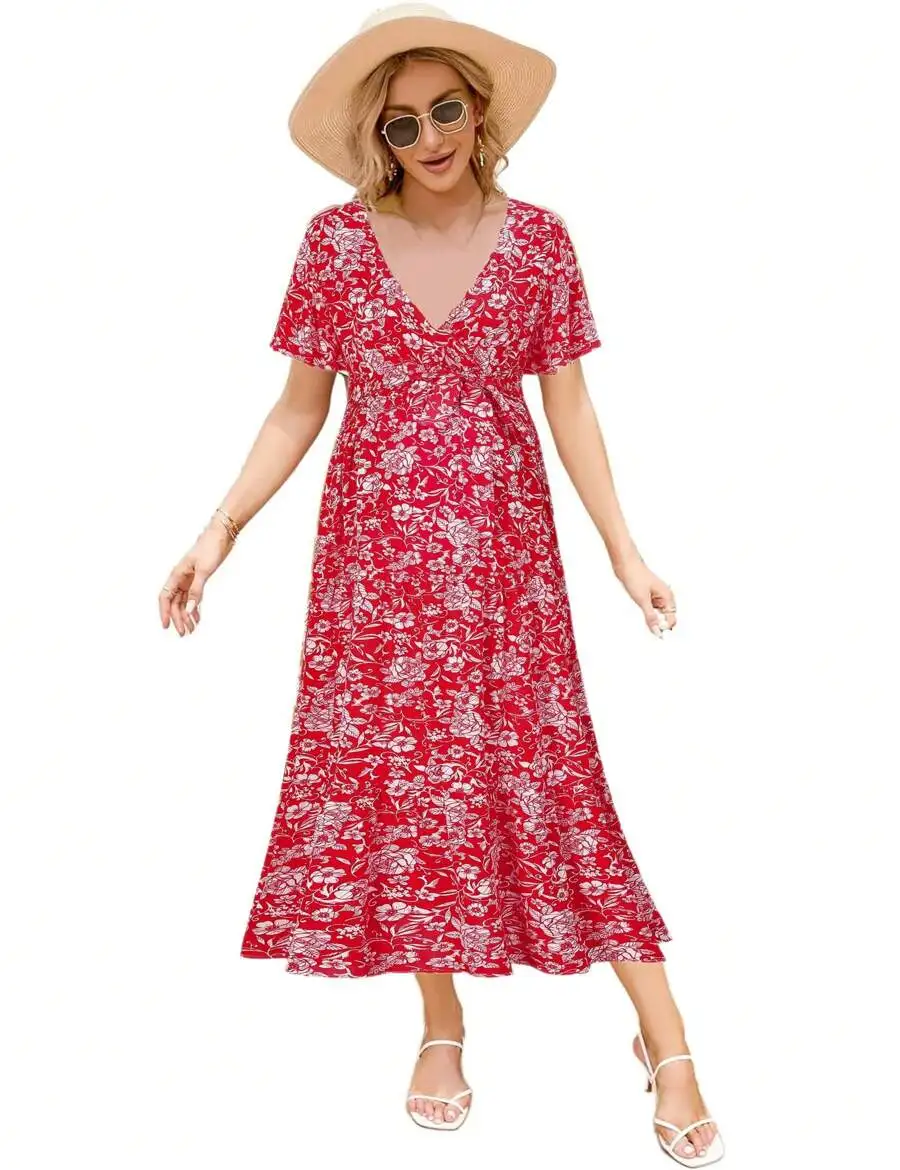 

Womens V-Neck Puff Sleeve Floral Pleated Maxi Dress For Casual Or Baby Shower