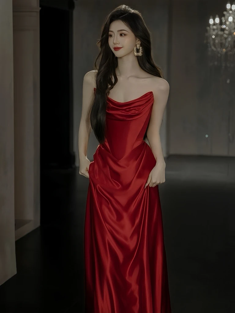 하이엔드 와인 레드 이브닝 가운 주름 장식 인어 슬리밍 민소매 오픈 백 롱 트레일링 공식 행사 칵테일 파티 드레스