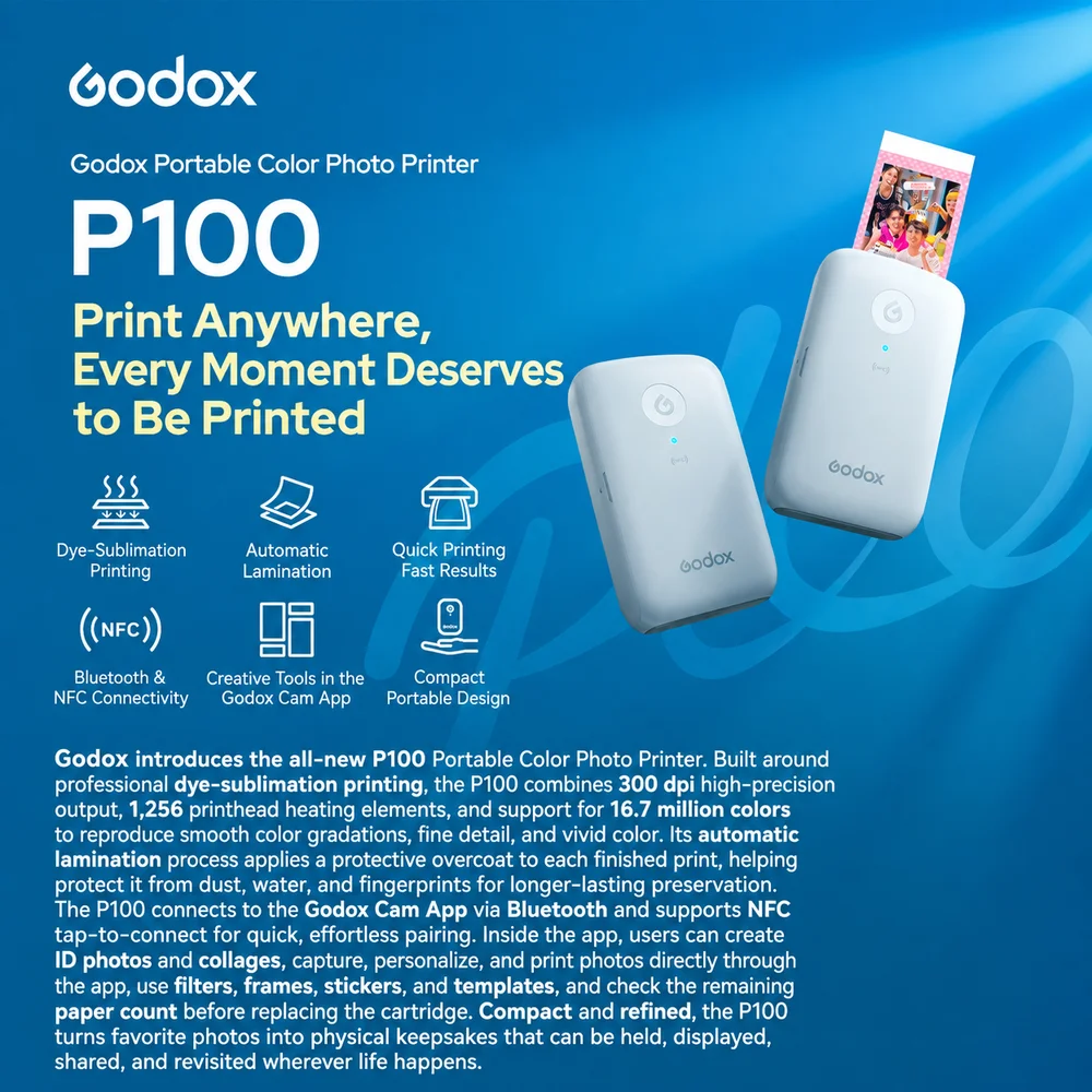 Godox P100 Portable Color Photo Printer, Mini Instant Photo Printer for iPhone & Android, Auto-Laminated Photos, Bluetooth/NFC,
