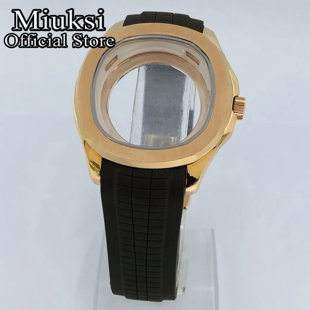 Miuksi 40mm square rose gold watch case sapphire glass black blue grey green rubber strap fit NH35 NH36 ETA2824 PT5000 movement