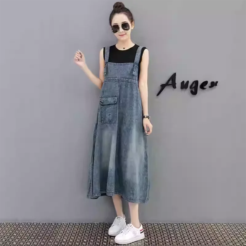 

Y2k Jeans Strap Dress Women Spring Summer New Denim Dresses Female Elegant LoosePocket Drawstring Sling Literary Casual Dress