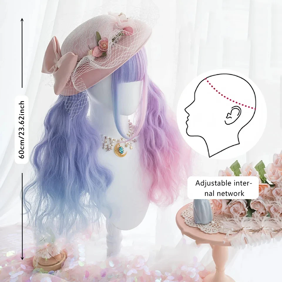 YELOWTIM Long Ombre Colorful Synthetic Cosplay Lolita Harajuku Wig With Bangs Natural Wavy Wigs White Green Daily Wigs