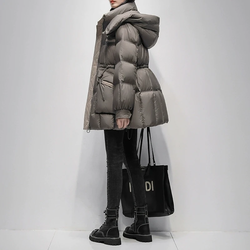 Grey Hooded White duck down Jacket 2025 Winter New Korean version Women's Loose Thicken Down Coat Female Warm Parka Overcoat