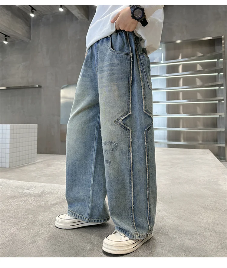 Frühlings- und Herbst-Jeans für Kinder und Jugendliche, Stylische Lose Gerade Hosen für Jungen im Europäisch-Amerikanischen Stil, Hochgeschnittene Baumwoll-Denim-Hosen – Detail 6