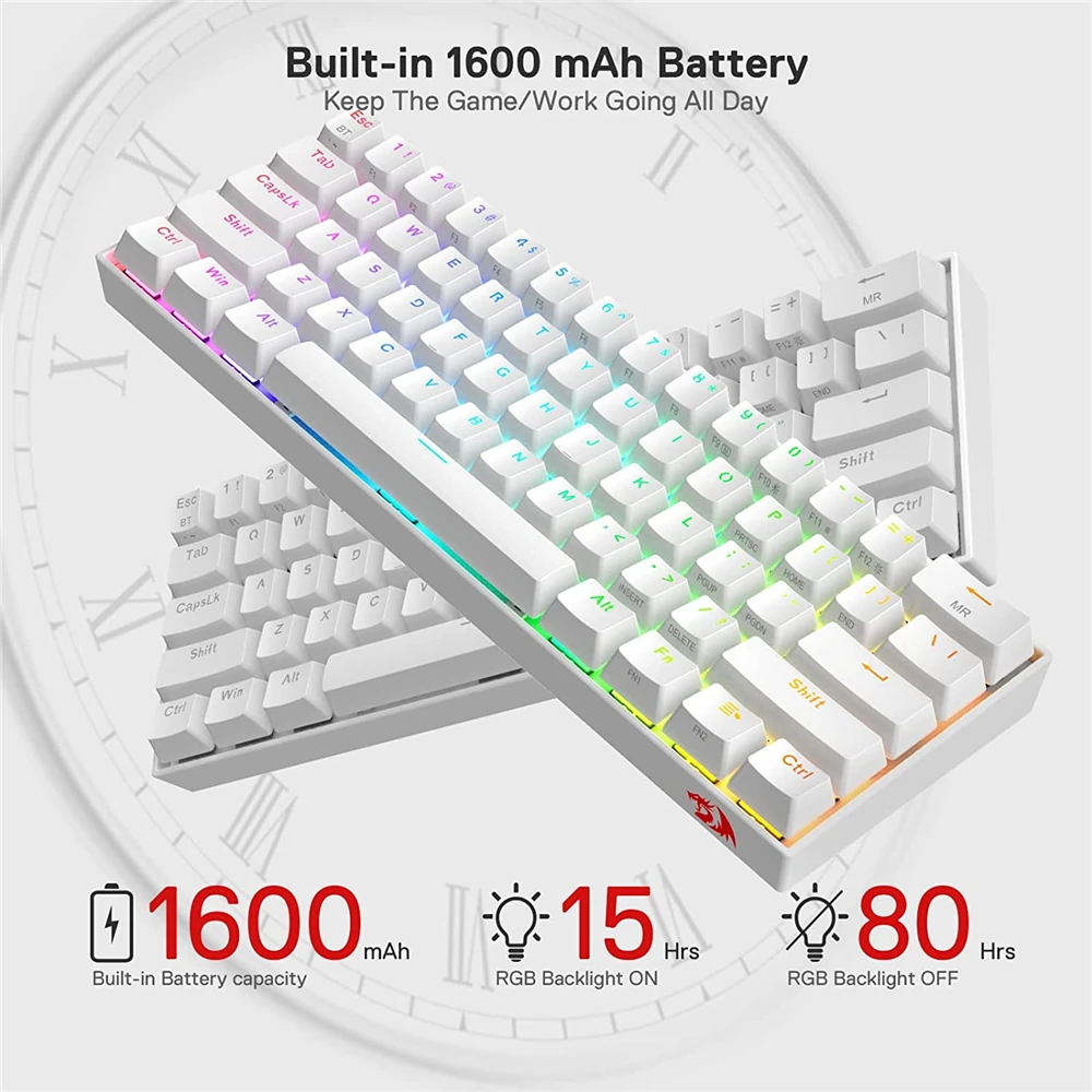 Redragon-Teclado mecânico sem fio com interruptores marrons e 16,8 milhões de iluminação RGB, K530 Draconic 60% Compact RGB, apto para PC