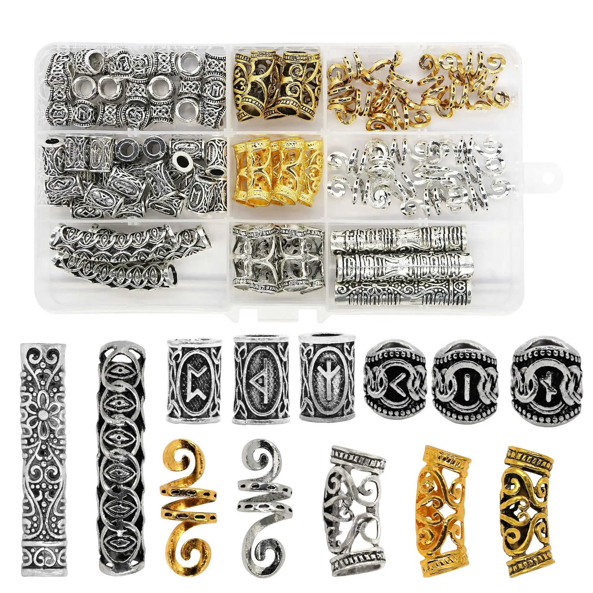 

89pcs/box Mix Runes Beads Norse Viking Metal Spring Ring Hair Braid Dreadlocks Beard Beads Clips Hair Decoration Accessories