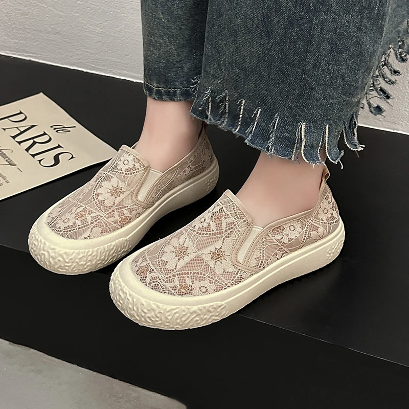 2024 Summer New Women Shoes Mesh Lace Woman Casual Shoes Sneakers Breathable Hollow Flat Loafers Slip-On Height Increase Shoes