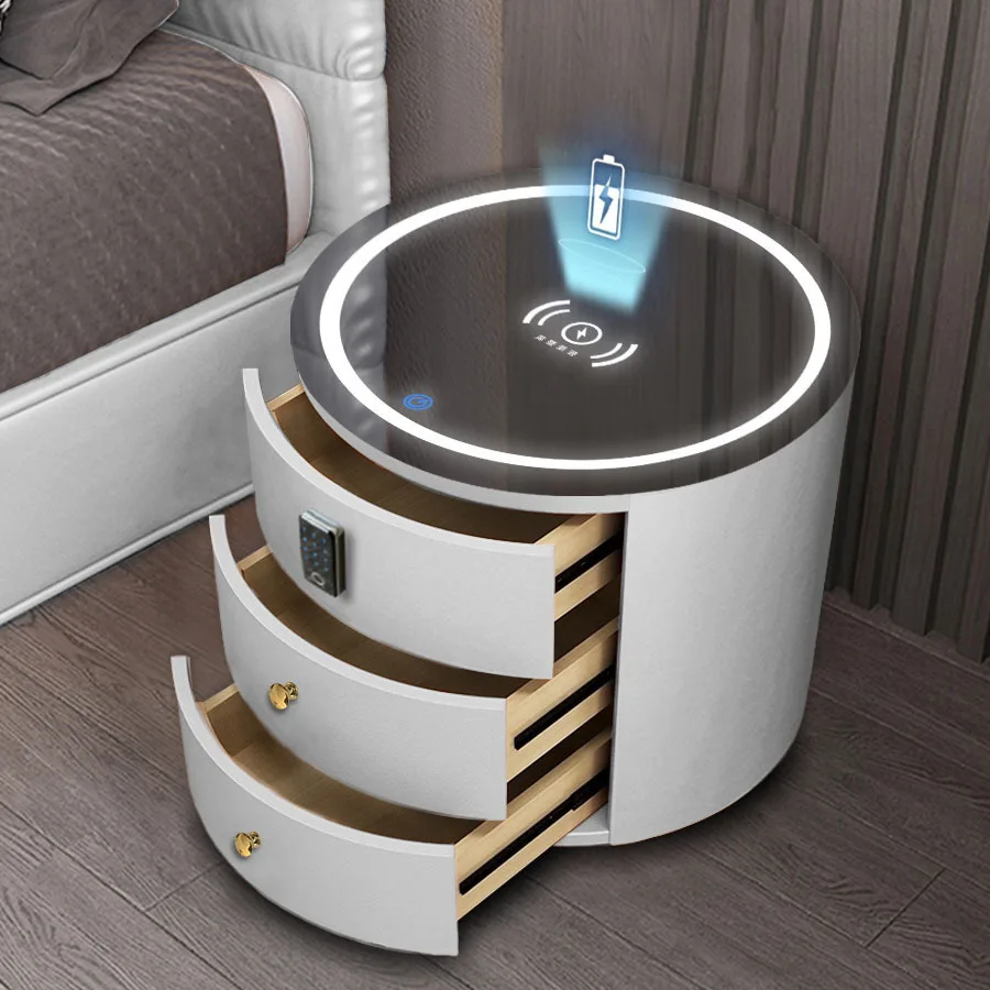 Intelligent Bedside Round Table Audio Password Fingerprint Lock Wireless Charging Leather Wood Cabinet Nightstands for Bedroom