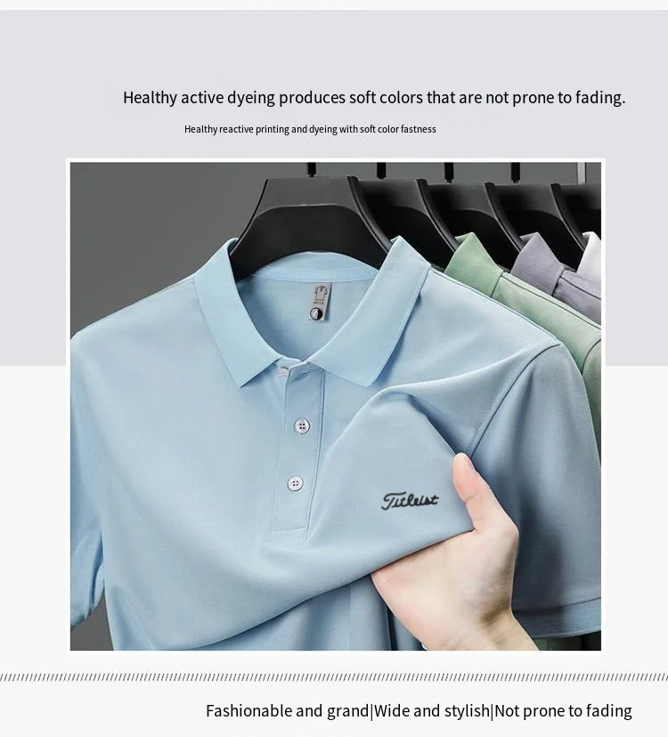 Business Casual Herren Neues Kurzarm-Poloshirt mit Kragen und Knöpfen, Einfarbig mit Schriftzug, Bequemes Atmungsaktives Herren-T-Shirt – Detail 3