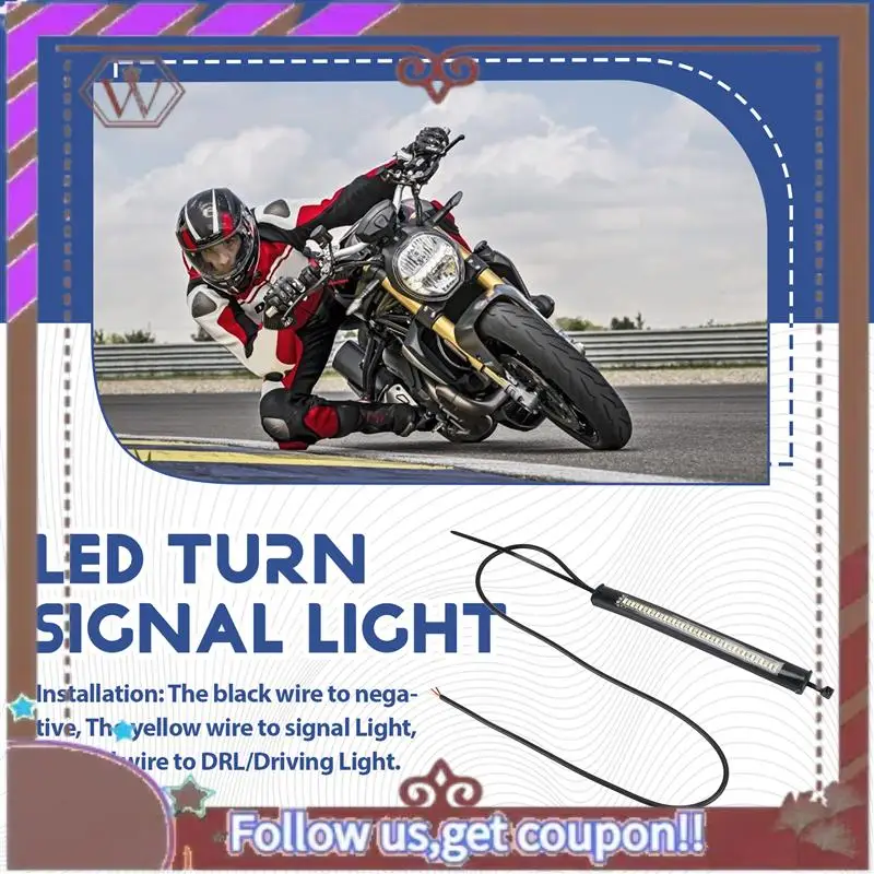 A57E-Flexible Switchback Dual-Color White & Amber Motorcycle LED Fork Turn Signal DRL Daytime Running Light Waterproof