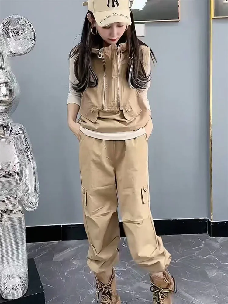 

European workwear three piece set 2025 Spring autumn new design with double zipper hooded vest and ankle pants with base shirt