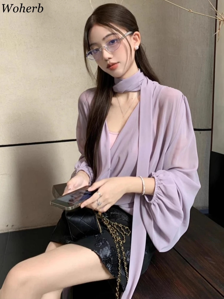 

Korean Women Clothes 2 Piece Sets V Neck Cross Bandage Elegant Blouse + Cropped Solid Vest Femmle Office Lady Chic Autumn Suit
