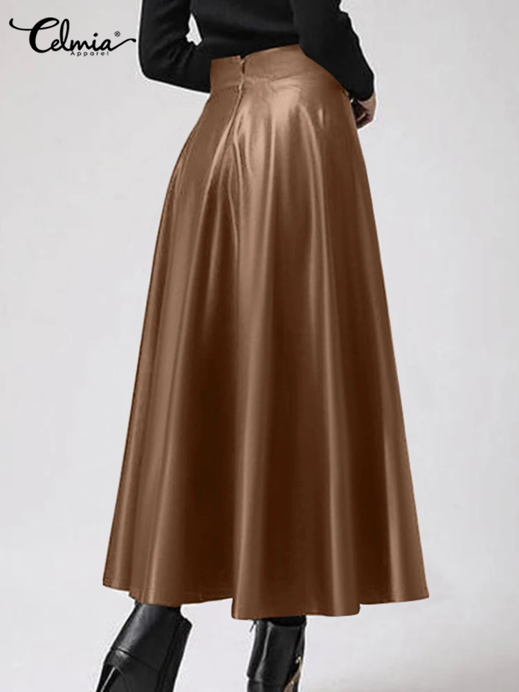 Celmia Fashion Women Long Skirts 2024 Spring PU Leather Faldas Elegant High Waist A-line Midi Skirt Casual Loose OL Swing Jupes