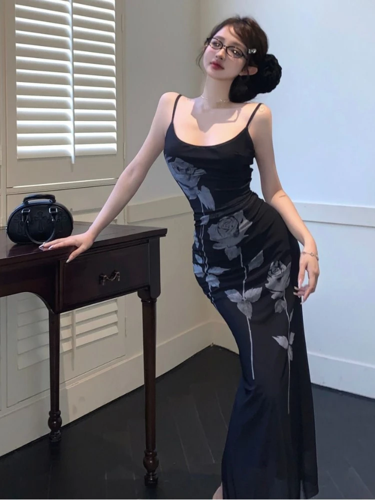 2024 Summer Harajuku Split Women Dress Slim Waist Tunic Sexy Sleeveless Printing Dresses Y2k Aesthetic Black Vintage Vestidos