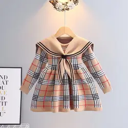 Robe pull à carreaux pour filles avec nœud, vêtements pour enfants, style collège, chaud, tout-petit, tout-petit, nouveau, automne, hiver, 1-7 ans, 2023