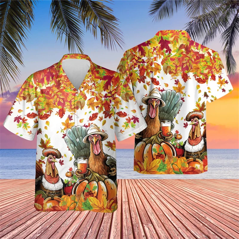 Happy Thanksgiving 3D Print Shirts For Men Casual Food Turkey Graphic Beach Shirt Funny Animal Chicken Short Sleeve Blouses Tops