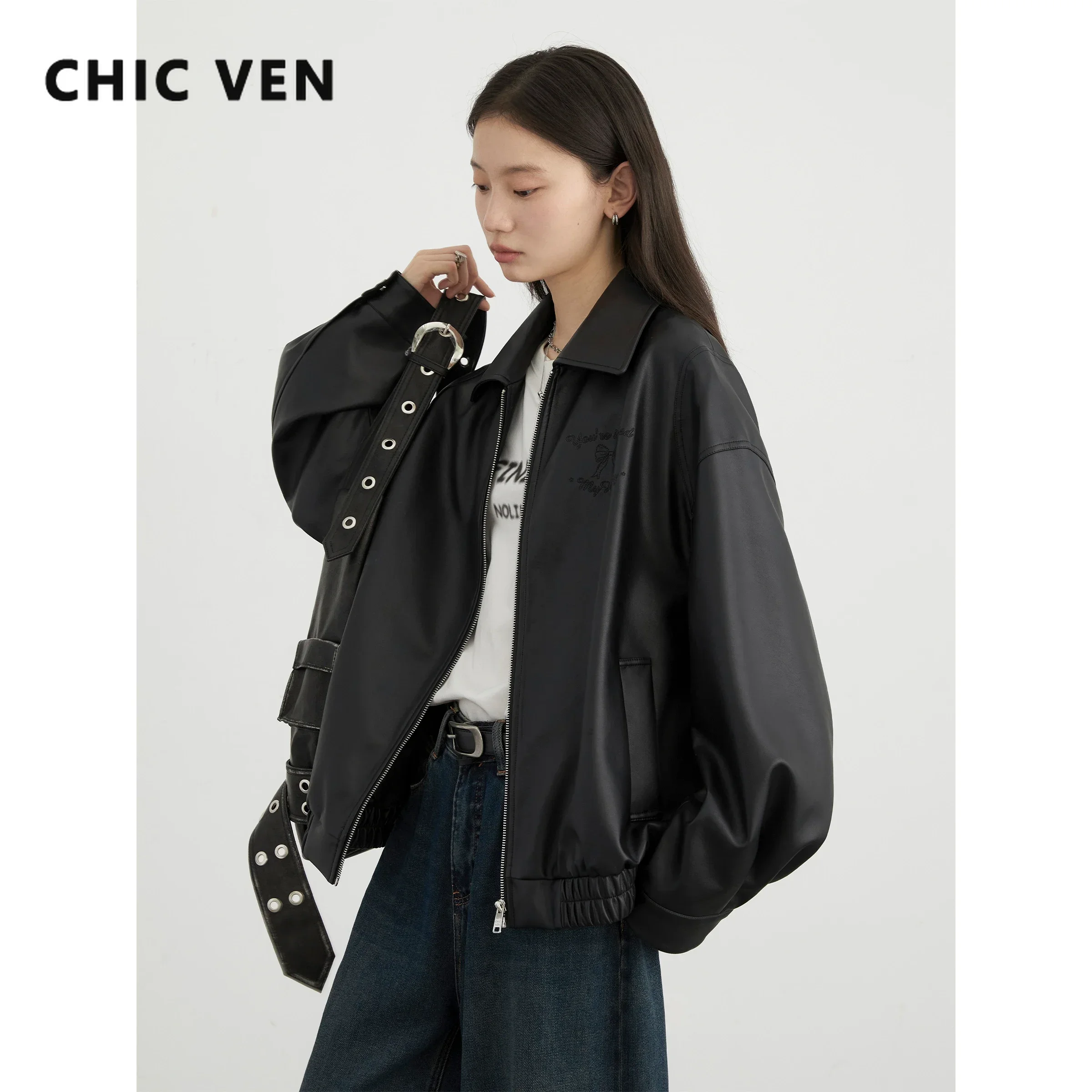 CHIC VEN Women Jacket Black Loose BF Style Embroidered PU Leather Female Overcoat Oversized Coat For Girl Spring Autumn 2024