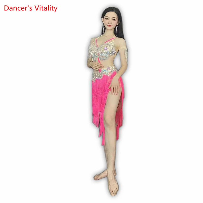 Belly Dance Costume Set for Women Senior Sequins Bra+tassel Short Skirt 2pcs Customzied Oriental Dance Clothing Exotic Dancewear