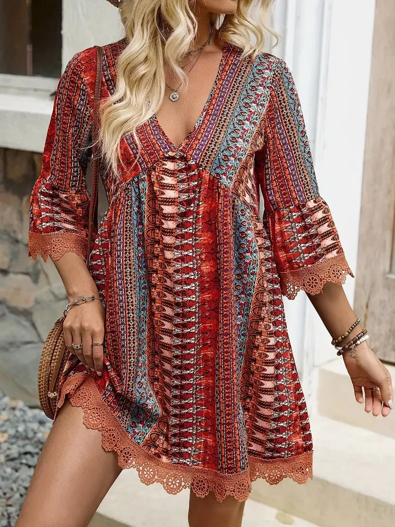 

2025 Summer Women's V-neck Dress Loose 7-point Sleeve Lace Ethnic Style Print Vacation Fashion Casual Mini Skirt for Female