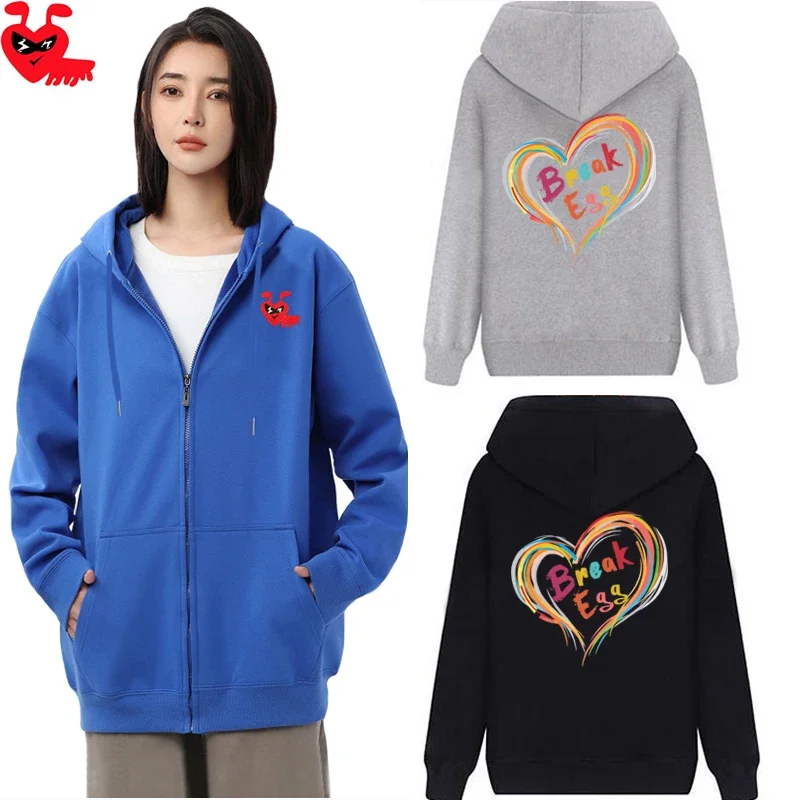 Break Egg Women Zipper Hoodie Cotton Cartoon  Ant Embroidery Colored Hollow Heart Printed Pocket Loose Wool Autumn Casual Hoodie