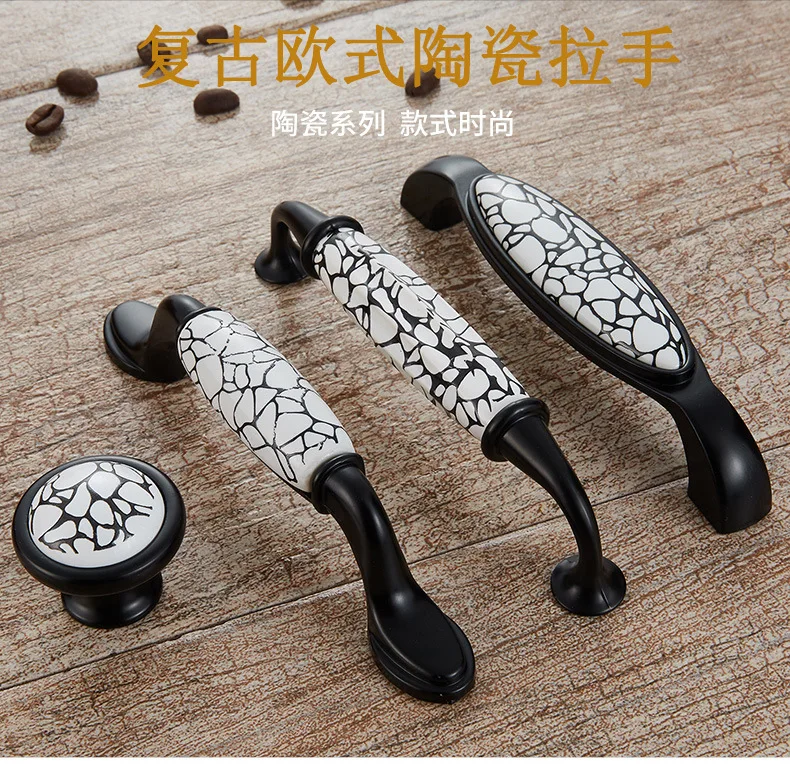 Crackle Glaze Ceramic Knob Black Engraved Pull Matte Black Drawer Cabinet Handle Wardrobe